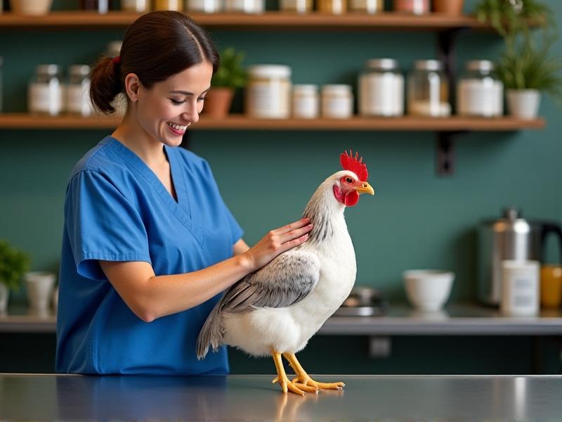 A veterinarian in blue scrubs gently examines a silver-laced Wyandotte hen on a stainless steel table. Medical charts and herbal supplements line the shelves behind them, with soft focus lighting emphasizing the clinical yet caring environment.