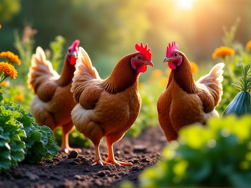 Three Rhode Island Red hens foraging in a vegetable garden, surrounded by kale, marigolds, and zucchini plants. The chickens are scratching at mulch under dappled sunlight, with a compost bin visible in the background. The scene emphasizes harmony between livestock and plant growth.