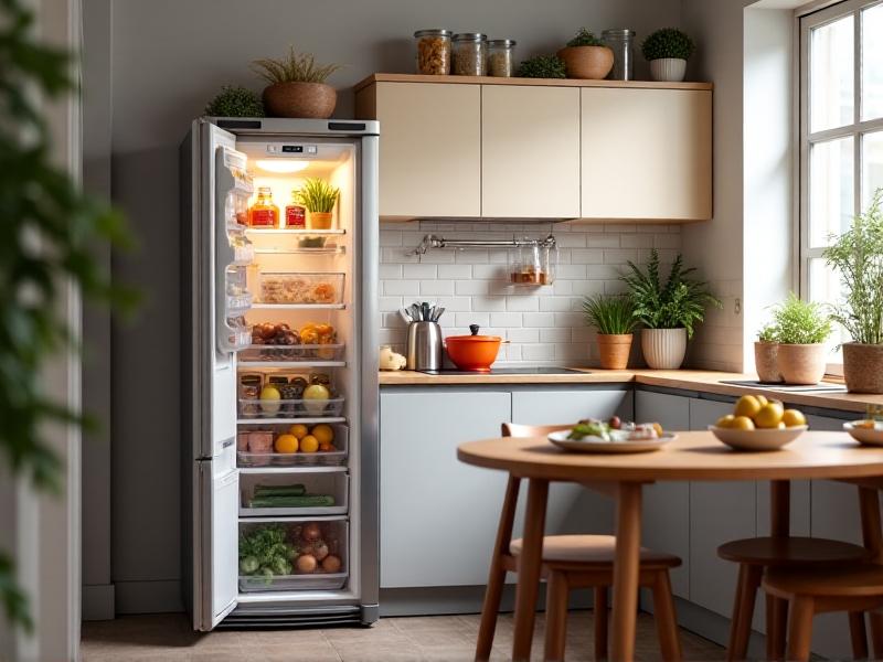 A small apartment refrigerator with clear plastic stackable egg trays attached to the side door. The fridge interior is well-lit with soft white light, showcasing labeled containers and a tidy arrangement of groceries in a cozy urban kitchen.