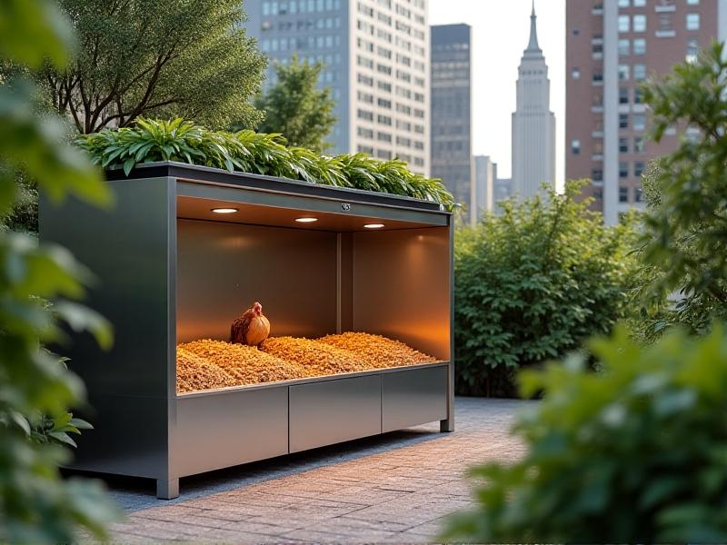 A modern, raised chicken feeder in a compact urban coop with a galvanized metal design. Fresh water and layered feed are visible, surrounded by tidy wood shavings. A gray concrete cityscape blurs in the background, contrasting with the coop’s greenery. The image highlights practical, space-efficient solutions for urban chicken keepers.