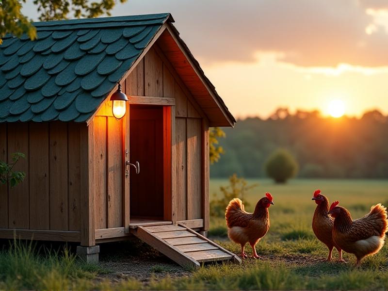 A spacious chicken coop with cedar shingles features raised nesting boxes filled with straw, a slanted green roof, and a ramp leading to a fenced run. Hens scratch near a hanging waterer while a motion-activated solar light glows softly above the entrance.