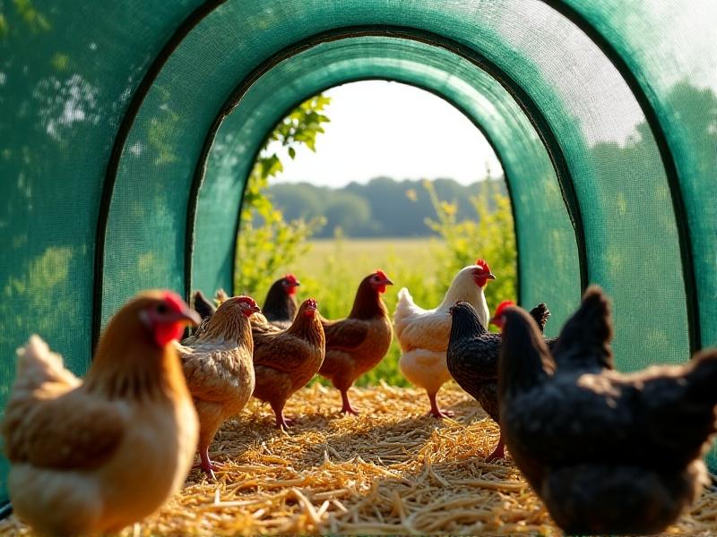 A spacious backyard chicken coop with galvanized steel mesh walls and a translucent green netting roof, surrounded by golden straw and foraging hens under dappled sunlight, illustrating a balance between security and natural habitat.