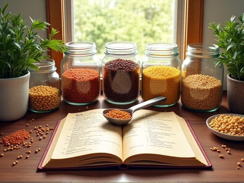 A well-organized kitchen counter with glass jars containing various grains, seeds, and legumes, a stainless steel scoop, and a notebook with handwritten recipes, bathed in warm natural light through a window, emphasizing homemade chicken feed preparation.