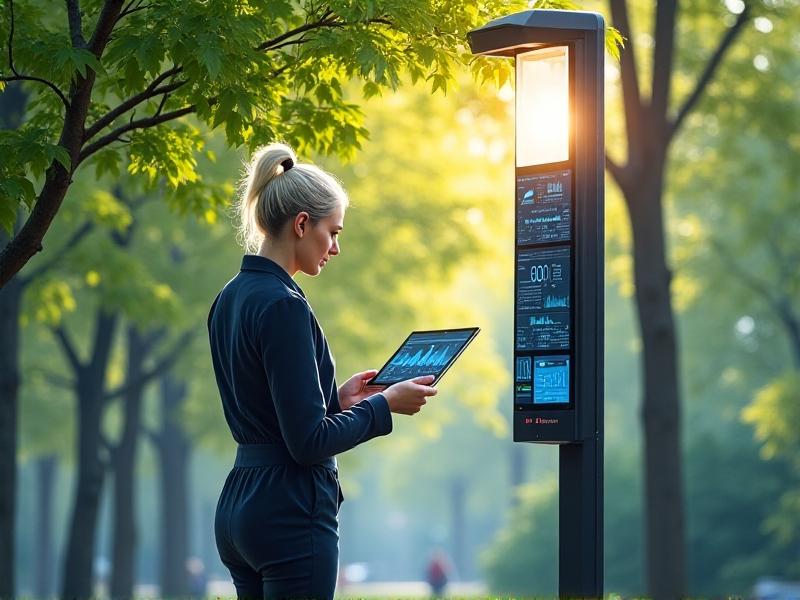 A technician adjusting a solar-powered air quality sensor mounted on a lamppost in a bustling city park, with real-time data graphs displayed on a tablet, surrounded by trees and chirping sparrows, showcasing technology’s role in environmental stewardship.