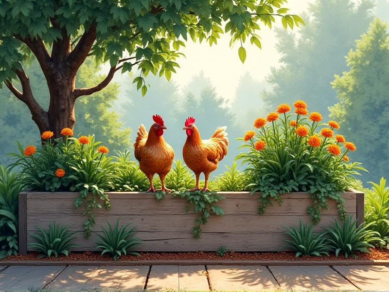 A rustic urban garden bed with raised wooden planks, filled with leafy greens, marigolds, and crawling pumpkin vines. Two speckled hens gently scratch the soil under dappled shade, surrounded by mulch and scattered seeds. The scene blends functionality and aesthetics, emphasizing organic growth.