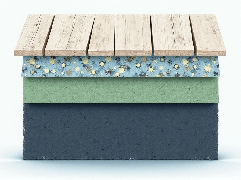 A cross-sectional diagram of a chicken coop wall showcasing layered soundproofing materials: outer wooden planks, mass-loaded vinyl, green glue damping compound, and acoustic foam insulation. The detailed technical illustration uses labels and arrows, rendered in a clean, educational style with soft blue and gray tones.