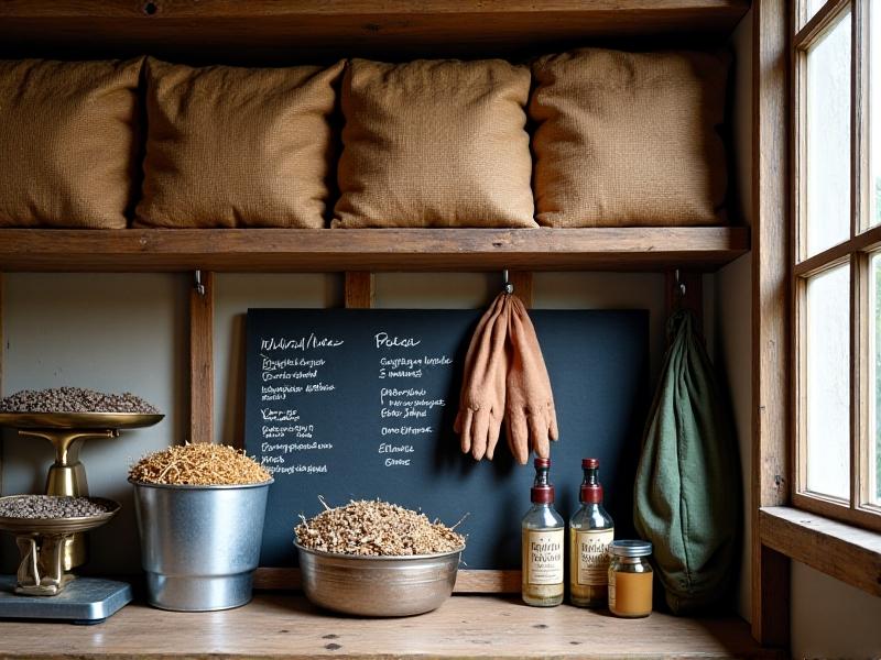 An organized garage shelf stocked with chicken-keeping essentials: burlap sacks of organic layer pellets, crushed oyster shells in a metal bin, pine shaving bales, and natural pest control solutions. A chalkboard inventory list shows monthly expense calculations, with gardening gloves and a vintage scale in the foreground. Soft natural light from a nearby window highlights the texture of supplies.
