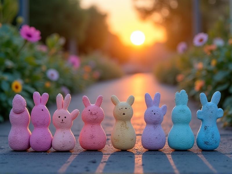 Handmade eggshell chalk sticks in pastel hues arranged on a slate sidewalk, with children's doodles of flowers and suns in the background, captured in golden-hour lighting with a blurred garden edge.