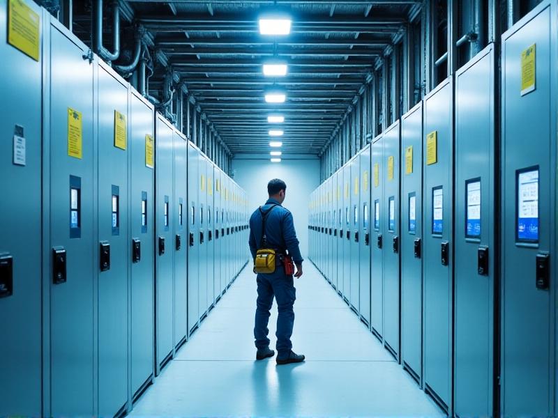 A technician installs lithium-ion batteries in a solar coop’s energy storage room. The clean, white-walled space features labeled wiring, blue battery units, and digital monitoring screens displaying real-time energy metrics.