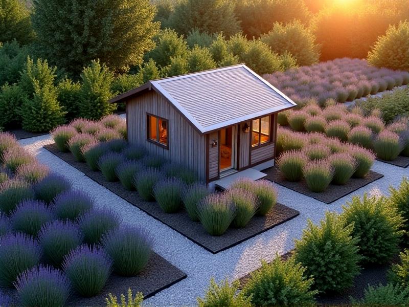 An aerial view of a thoughtfully designed chicken coop surrounded by tiered lavender bushes and a gravel path, coop positioned away from a neighboring house, soft evening lighting emphasizing intentional spatial planning.