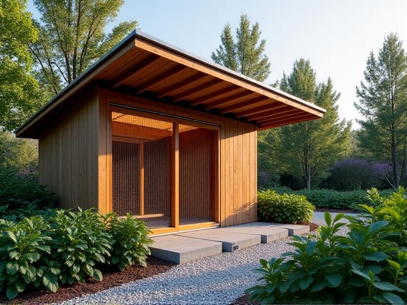 A modern, fortified chicken coop with galvanized wire mesh, solar-powered lighting, and a sloped metal roof. The structure is elevated on cinder blocks to prevent flooding, surrounded by potted herbs and a tidy gravel path. Daylight highlights durability and thoughtful design. Keywords: predator-proof coop, urban farming, disaster resilience.
