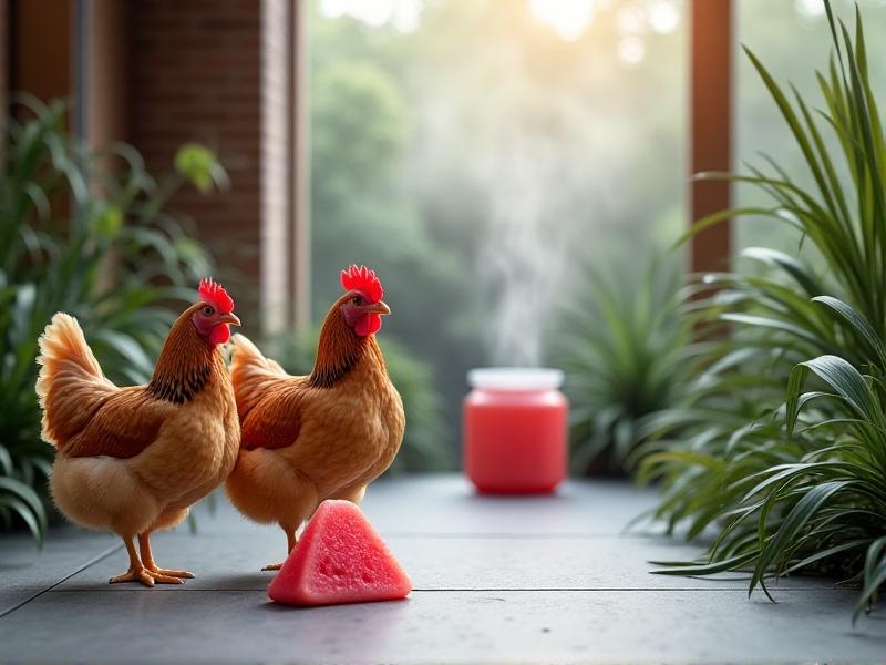 An innovative urban chicken coop with a misting system installed over a shaded run area. Golden Laced Wyandotte chickens stand on cool ceramic tiles near a frozen watermelon treat. The background shows a rainwater collection barrel connected to a drip irrigation system for nearby plants.