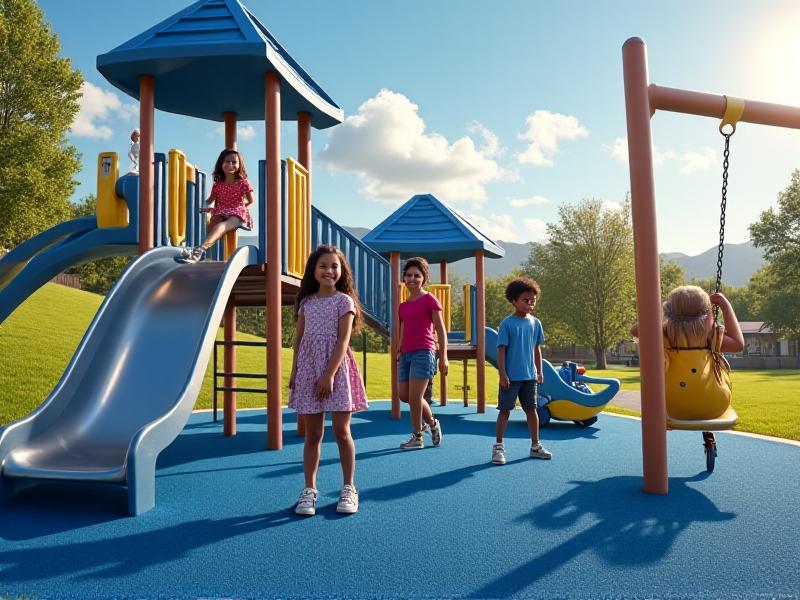 A playground with navy-blue recycled rubber mats, stainless steel slides, and UV-resistant plastic swings under a partly cloudy sky, designed for all-season use.
