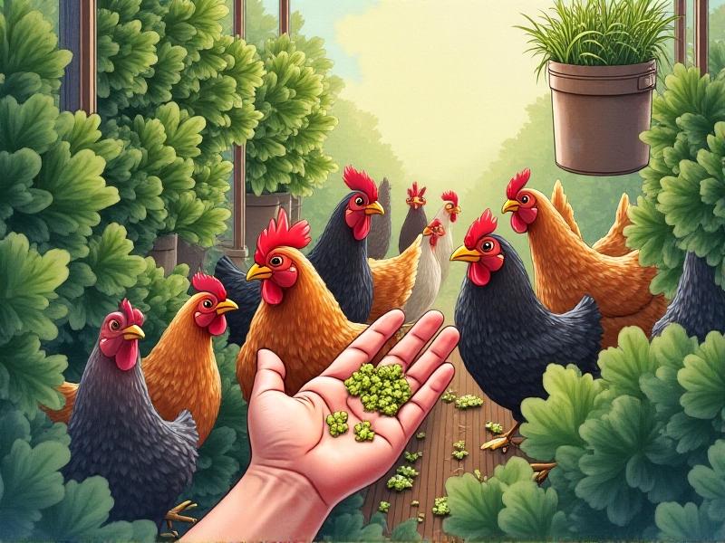 A hand scattering vegetable scraps—carrot tops, lettuce, and apple cores—into a flock of eager hens. A background shows a vertical planter growing leafy greens and a bucket of sprouted barley fodder.