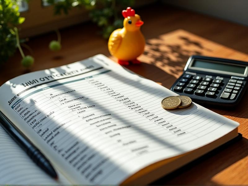 An open notebook with a budget spreadsheet titled 'Urban Chicken Expenses,' listing items like coop materials, feed, and permits. A calculator and coins sit beside it, with a chicken figurine in the background. Sunlight streams across a rustic table, symbolizing financial planning. Keywords: urban chicken budget, startup costs.