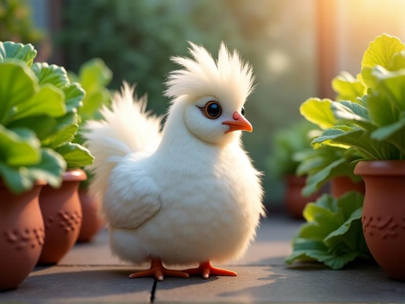 A fluffy white Silkie chicken with striking black eyes and a poof of feathery plumage, standing in a lush urban garden. The soft morning light highlights its silk-like feathers against vibrant green lettuce leaves and terracotta pots. The image conveys serenity and the breed's unique, non-threatening appearance.