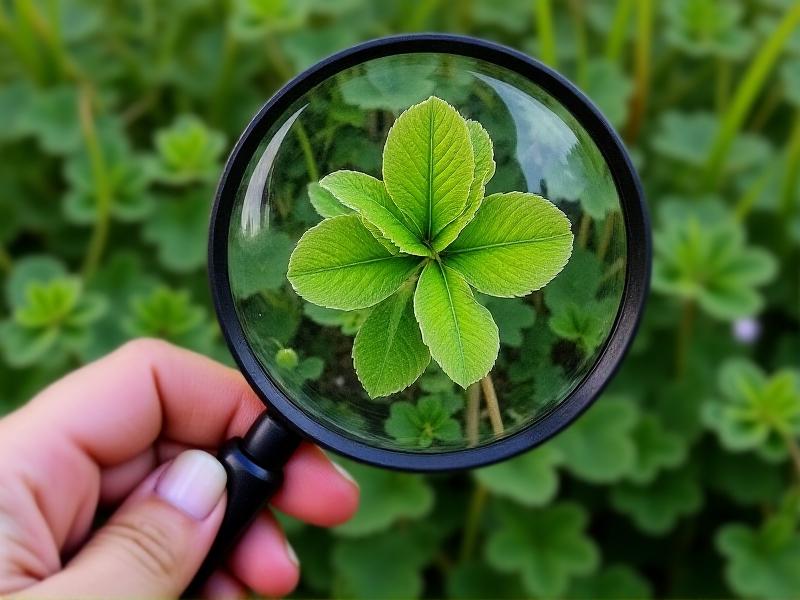Close-up of a person’s hand holding a magnifying glass over a broadleaf plantain plant with ribbed leaves and seed stalks, surrounded by chickweed and clover in a grassy urban lot, with soft afternoon light emphasizing textures.