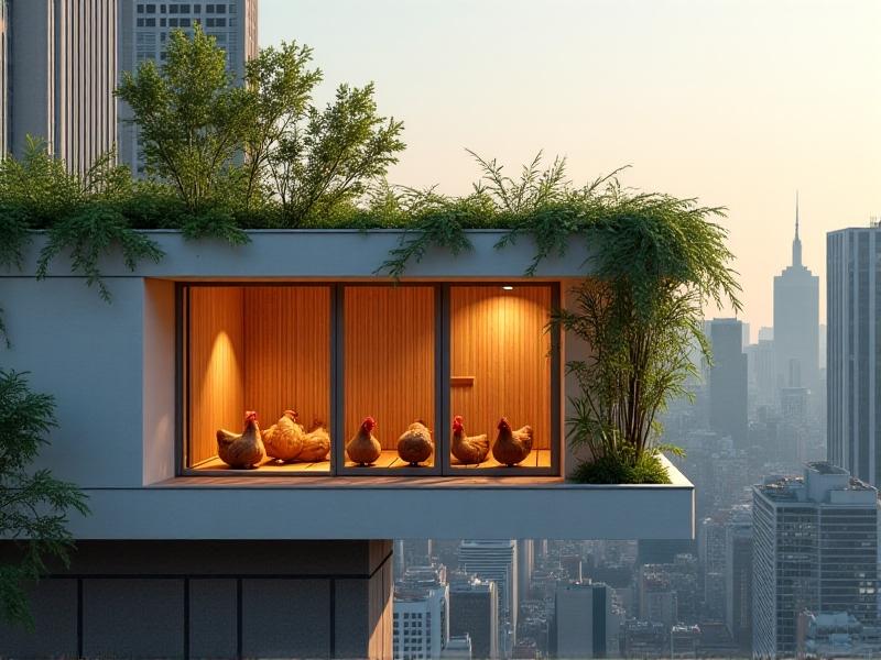 A modern, insulated chicken coop on a rooftop with panoramic city views. The coop features a green roof, bamboo windbreaks, and a shaded area with a water mister. Hens rest on elevated perches, while string lights with a timer switch glow softly overhead. The scene balances urban architecture with hen-friendly design.