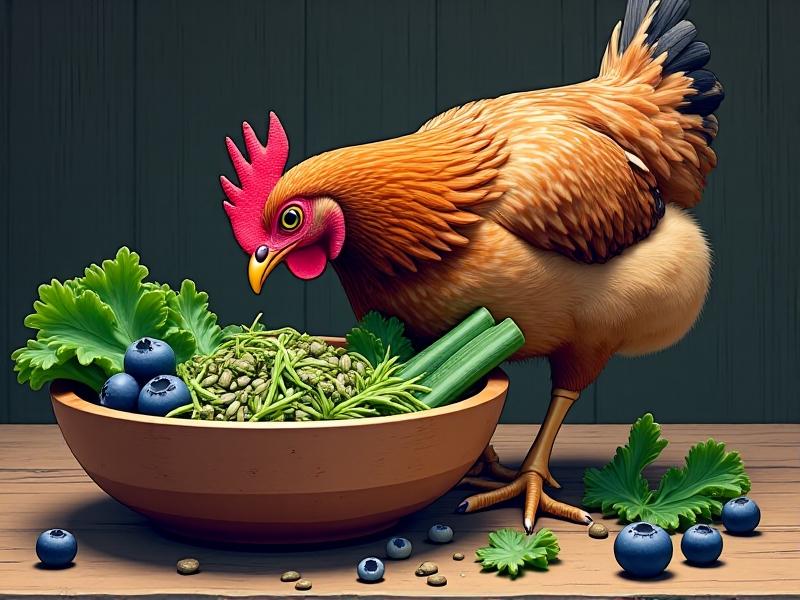 A rustic wooden bowl filled with chicken-safe kitchen scraps: kale stems, blueberries, shredded zucchini, and sunflower seeds. A speckled hen’s beak enters the frame, capturing the dynamic interaction between bird and food. Soft shadows and muted tones evoke a farmhouse aesthetic.