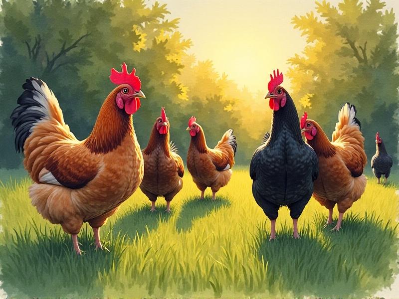 A watercolor-style image of a mixed flock of chickens in a grassy yard, with one speckled Sussex hen isolated at the edge, pecking nervously at the ground while others gather near a feeder. The painting uses warm golden-hour lighting to highlight the contrast between the relaxed group and the anxious individual, with loose brushstrokes adding movement and a sense of unease.