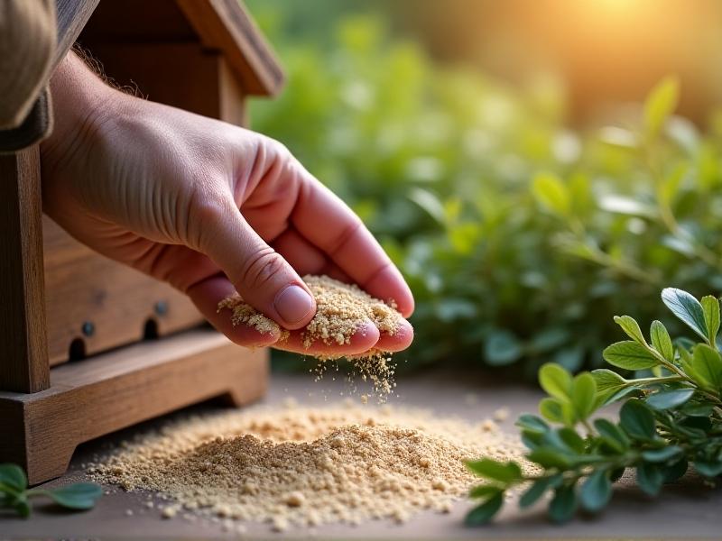 Close-up of a gardener’s hands sprinkling food-grade diatomaceous earth near a coop base, with bunches of dried rosemary and neem leaves arranged nearby. Soft focus highlights the powdery texture and earthy tones, conveying safety and organic simplicity.