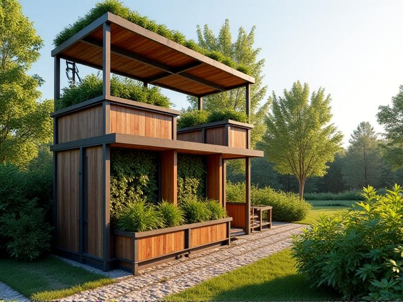A modern, solar-powered vertical chicken coop with sleek metal frames and recycled wood panels. Each level features automated watering systems, nesting boxes with green roofs, and a lower tier with a compost bin connected to a vegetable garden. Bright daylight highlights the clean, functional design.