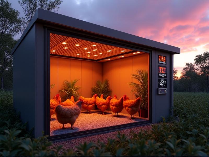 A cross-section view of an automated chicken coop with a weatherproof roof, showing internal temperature control vents, misting nozzles, and radiant floor heating. A digital thermostat on the outside displays 72°F (22°C) alongside humidity readings. The scene is set at dusk, with purple and orange sunset hues glowing through adjustable louvers.