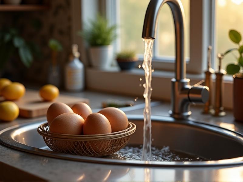 A stainless-steel kitchen sink with a basket of freshly collected eggs under running water slightly warmer than the eggs. Steam rises gently, with a digital thermometer showing 110°F (43°C). Lemon halves and a bottle of white vinegar sit nearby, suggesting a natural cleaning process. The image blends practicality with food safety mindfulness.