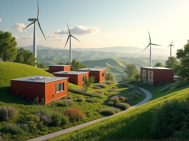 A net-zero modular community with wind turbines, rainwater harvesting systems, and communal vegetable gardens. The design features recycled materials and biophilic elements, set against a backdrop of rolling hills under a clear sky.