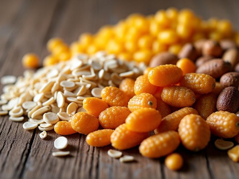Close-up of colorful chicken feed ingredients including cracked corn, oats, sunflower seeds, dried mealworms, and crushed eggshells arranged neatly on a rustic wooden table with soft focus on textures and earthy tones.