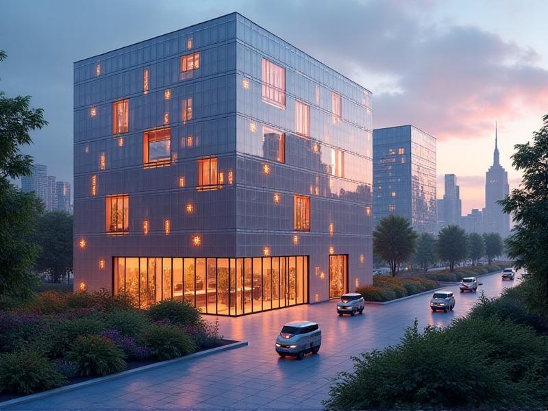 A futuristic urban solar coop with glowing translucent solar windows and drone-perches for monitoring air quality. The sleek structure is surrounded by autonomous delivery robots carrying produce, under a twilight sky with faint aurora-like energy visualizations overhead.