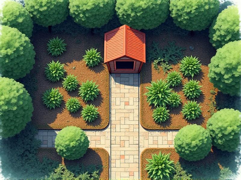 An aerial sketch of a rectangular urban garden divided into functional zones: a cedar chicken coop with attached wire run, curved herb spirals, raised beds protected by low fences, and a central stone path. Color-coded annotations explain each zone’s purpose in the ecosystem.