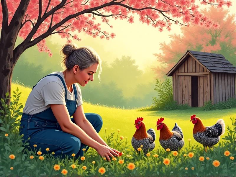 A vibrant spring scene showing a caregiver planting medicinal herbs like calendula and oregano near a wooden chicken run. Three speckled Sussex chickens dust-bathe in a sunlit patch of fresh clover while cherry blossoms fall in the background. The image conveys renewal and natural pest control strategies.