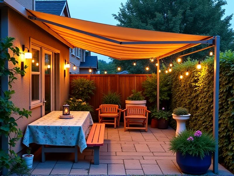 A small backyard transformed into a multi-functional area with a retractable awning, foldable play equipment, and vertical garden walls, illuminated by warm string lights at dusk.