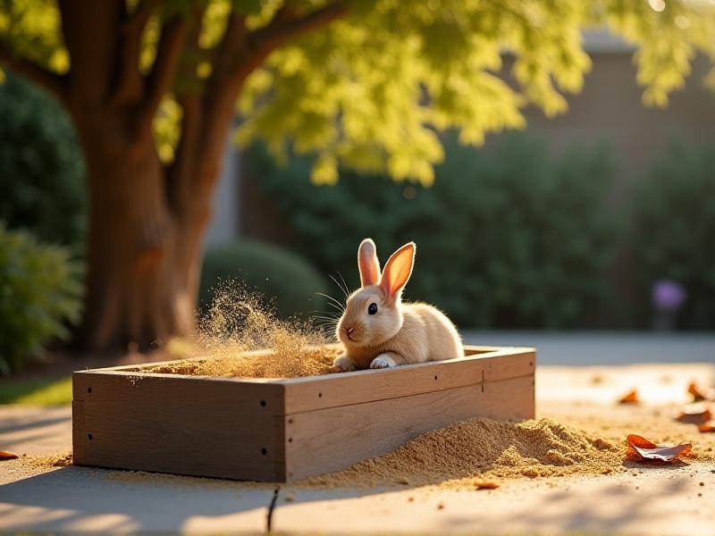 A rustic wooden sandbox filled with golden sand, placed under a tree in a concrete patio. A rabbit is mid-roll, kicking up sand, with a few dried leaves scattered around the edges for a natural aesthetic.