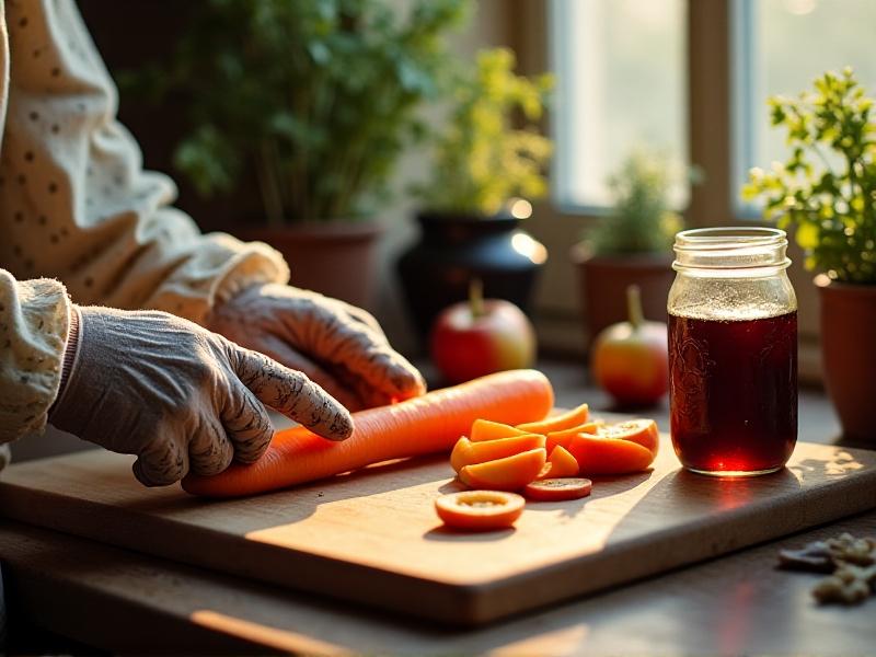 Hands wearing floral gloves chop carrots and apples on a weathered cutting board. A mason jar of fermented grains sits nearby, bubbles visible in the liquid. Morning light streams through a kitchen window, emphasizing freshness and DIY care.