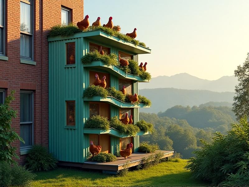 A sleek vertical chicken coop with a mint-green exterior and a corrugated metal roof, nestled beside a brick apartment building. Hens perch on a ladder-like ramp, while ferns and succulents decorate the coop’s shelves.