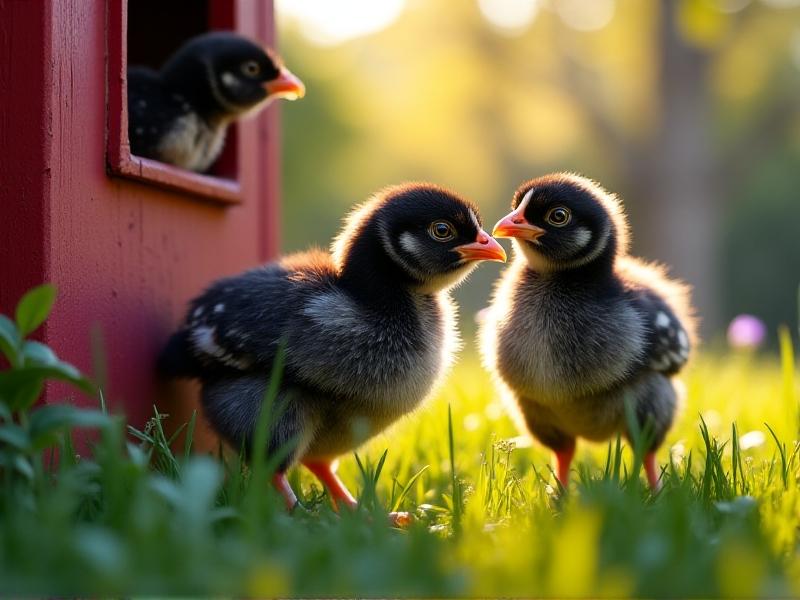 Three adolescent chicks with speckled feathers exploring a grassy urban backyard, a red coop visible in the background. Sunlight filters through green leaves, creating dappled shadows on their growing plumage.