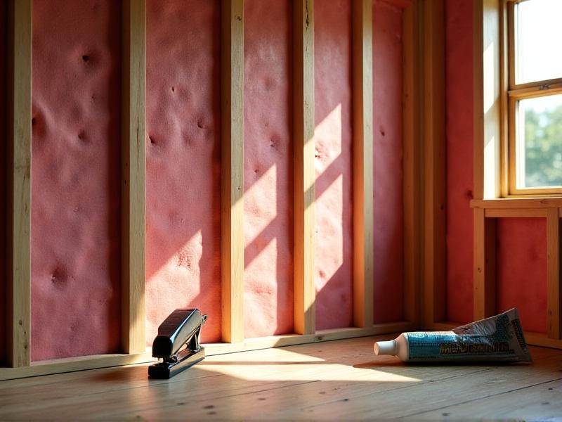 A work-in-progress chicken coop wall with exposed layers: staggered wooden studs, pink insulation batts, and a partially installed mass-loaded vinyl sheet. Tools like a staple gun and caulk tube lie nearby, with soft focus on a gloved hand securing the vinyl. Sunlight streams through a nearby window, highlighting dust particles in the air.