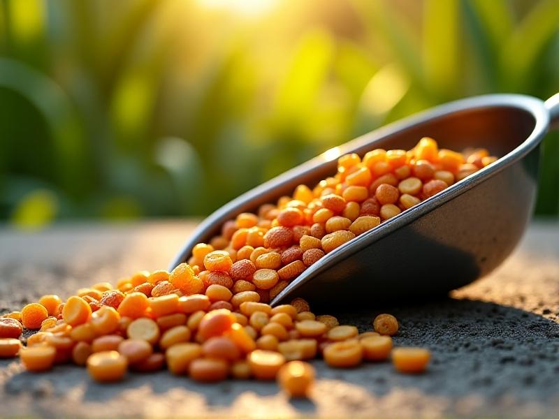 A colorful mix of high-protein chicken feed in a metal scoop, including black soldier fly larvae, sunflower seeds, and cracked corn. The feed spills onto a textured stone surface, with a blurred green garden background. Warm sunlight enhances the vibrant textures, emphasizing nutrition-rich ingredients ideal for molting hens.