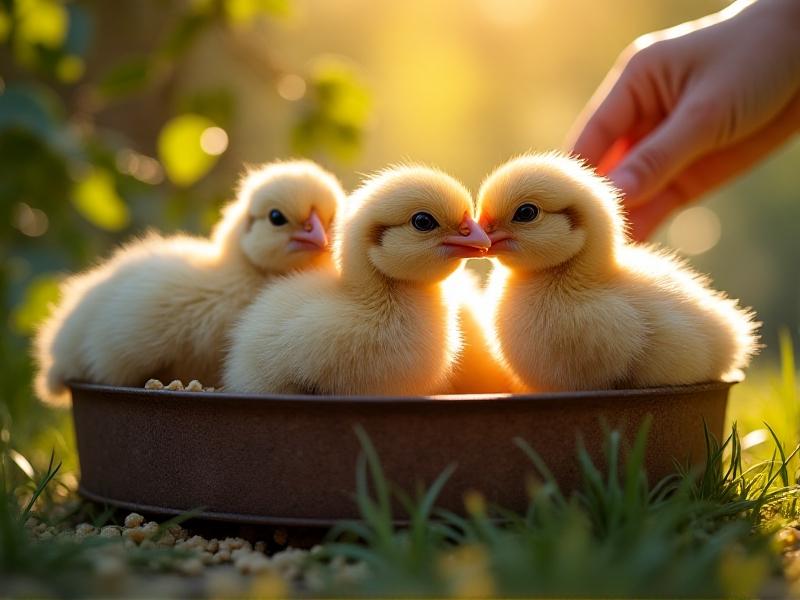 Close-up of week-old chicks pecking at crumbled feed in a metal feeder, with soft golden light highlighting their downy feathers and curious expressions. A human hand gently touches one chick, symbolizing early bonding.