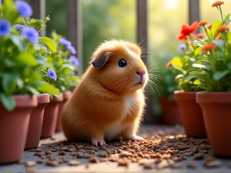 A guinea pig exploring a mulch-filled enclosure with fresh wood chips, surrounded by potted plants on a concrete balcony. Sunlight filters through green leaves, creating dappled shadows on the textured mulch surface.