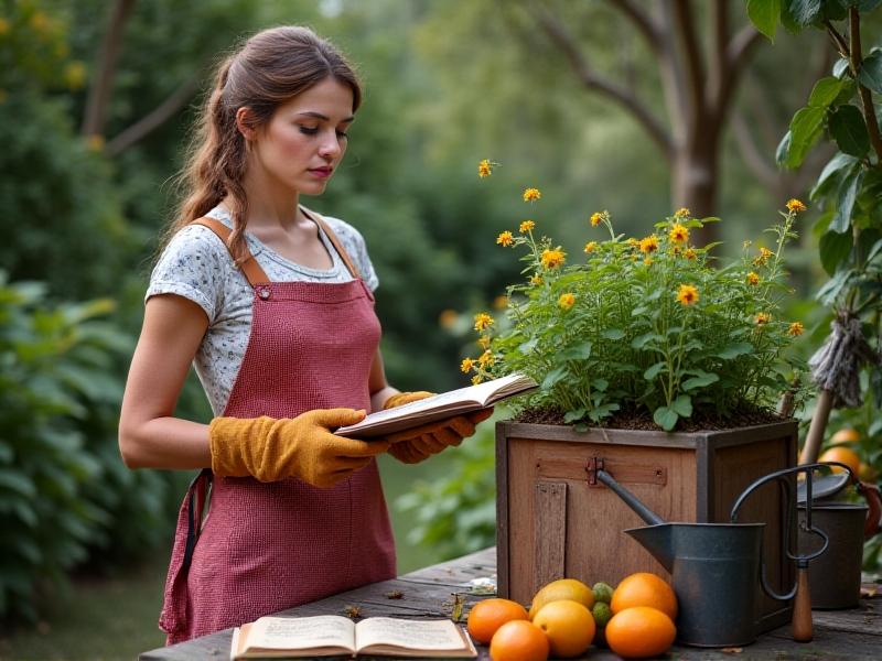 A gardener inspecting a compost bin with a thermometer, frowning at fruit flies hovering above, rustic tools and a notebook on a wooden bench, soft focus on decaying citrus peels in the foreground, problem-solving gardening scenario.