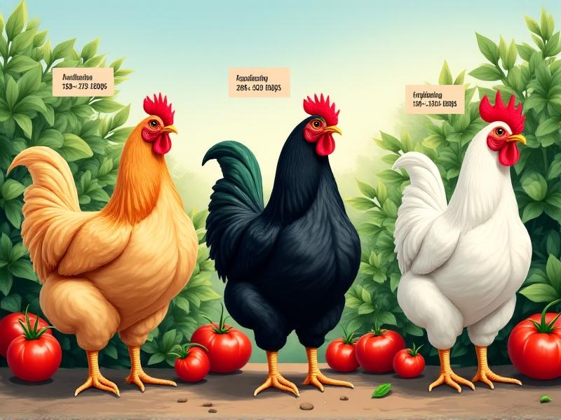 Side-by-side portraits of three chicken breeds: a golden Buff Orpington with fluffy feathers, a sleek black Australorp with iridescent green tail feathers, and a white Leghorn with bright red comb. Each bird stands in a vegetable garden, with detailed labels noting annual egg production (280–320 eggs) and temperament traits like 'docile' or 'foraging'.