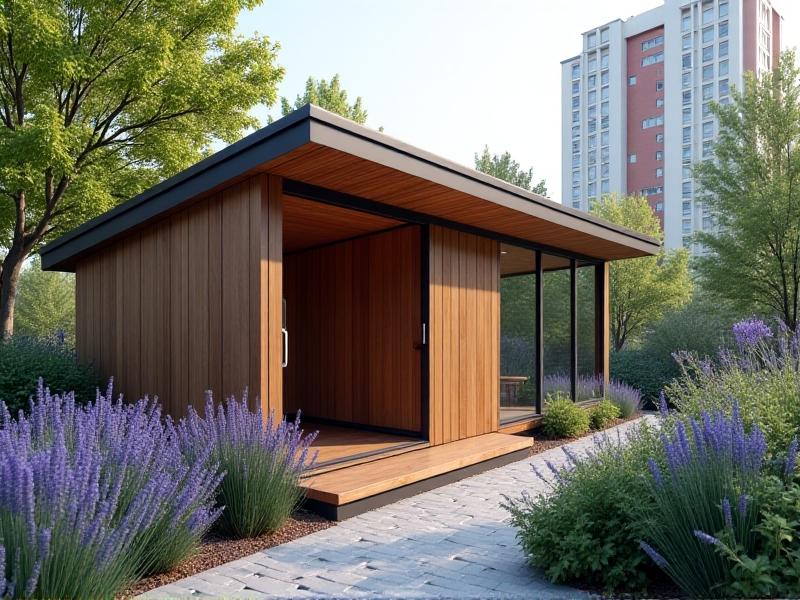 A modern, elevated chicken coop with metal-reinforced corners, hardware cloth flooring, and a sloping roof to prevent debris buildup. Herbs like lavender grow around the perimeter, and a hanging feeder minimizes spilled grain. The design blends functionality with aesthetic appeal in an urban setting.