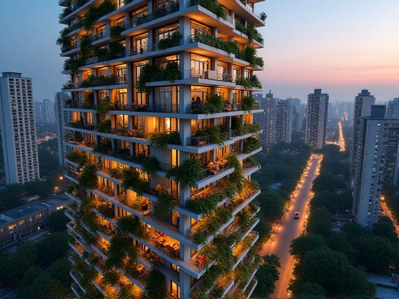 A vertical cluster of modular apartments in a bustling city, with terraced balconies overflowing with plants and solar panels. Nighttime lighting creates a warm, lively ambiance, showcasing density without compromising green spaces.