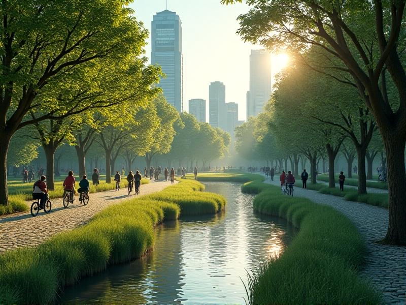 A vibrant urban park with lush trees, a grassy field, and a pond reflecting sunlight. Cyclists and pedestrians traverse shaded pathways, while tall buildings with green roofs surround the area. The image has a soft, natural lighting style, emphasizing cool greens and blues contrasted against warm architectural tones.
