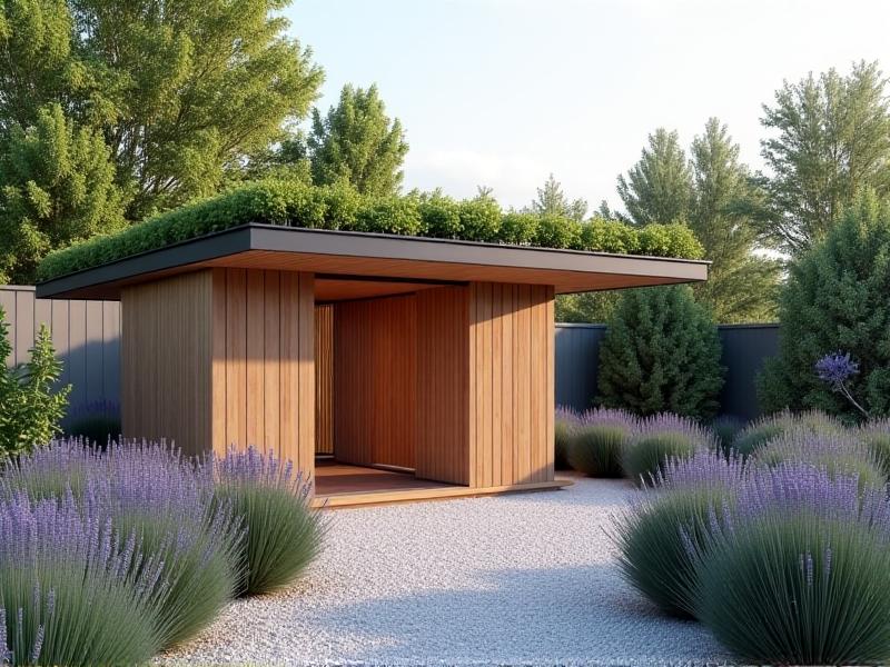 A modern, elevated chicken coop with wire-reinforced windows, a green roof, and a compost bin nearby. Neatly raked gravel surrounds the structure, and lavender plants border the walkway, emphasizing functionality and aesthetic integration into a suburban yard.