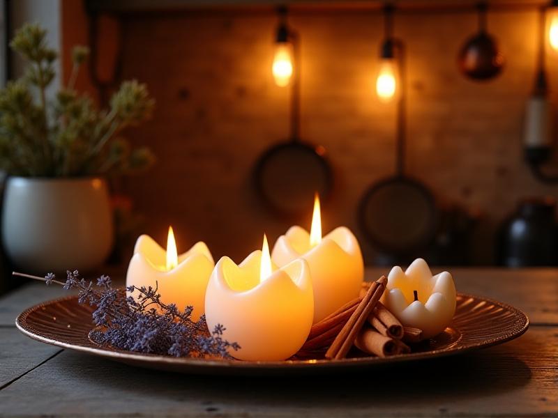 Delicate eggshell candles with flickering flames, placed on a copper tray alongside dried lavender and cinnamon sticks, illuminated in a dimly lit rustic kitchen with soft bokeh effects.