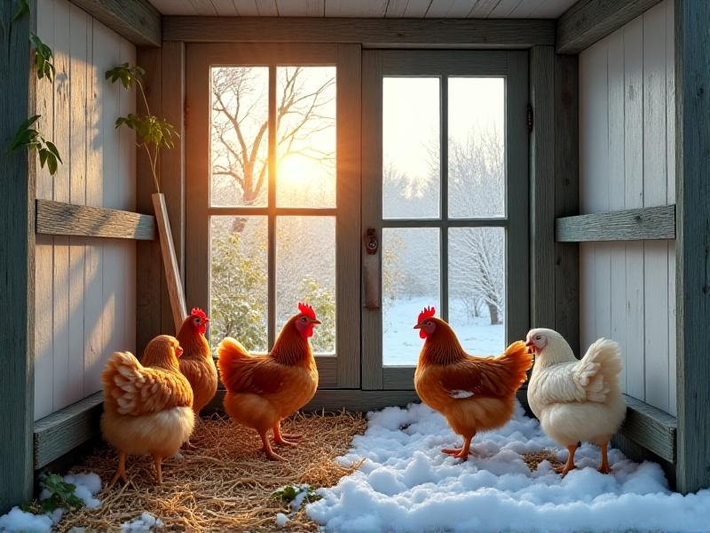 Dual-image display: left shows a summer coop setup with open screened walls, right depicts winter configuration with insulated baffles and frosted glass observation windows during snowfall